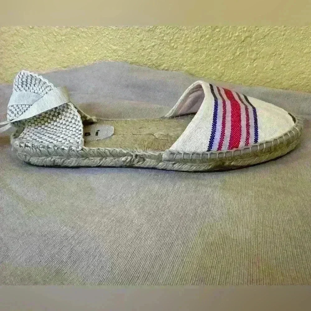 Manebi Hamptons Striped Canvas Espadrilles With Ankle Ties In Tan Size 39/9 NWOT